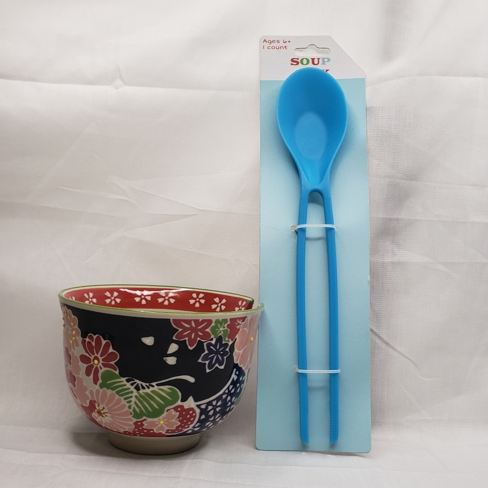 Floral Ramen Soup Bowl with Spoon And Chopsticks